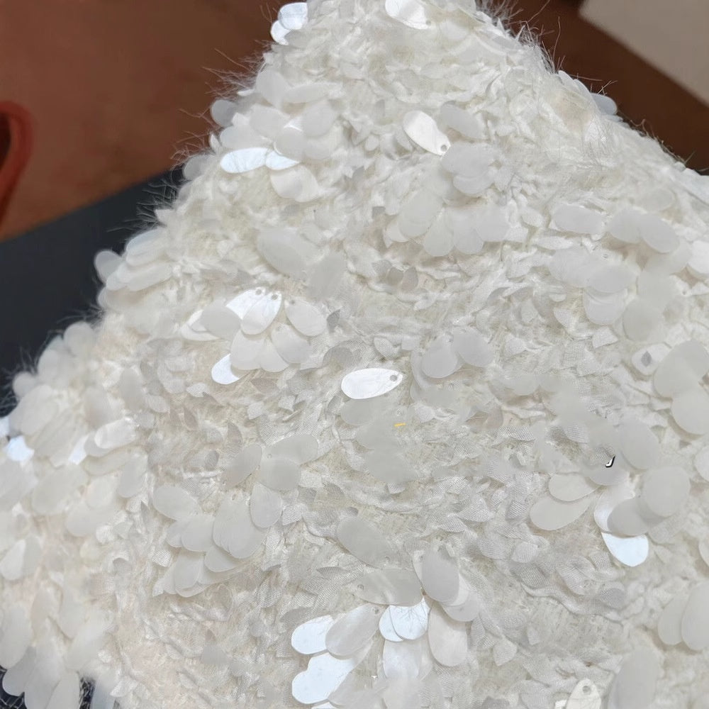 Jupe Blanche Éclatante à Taille Haute avec Sequins