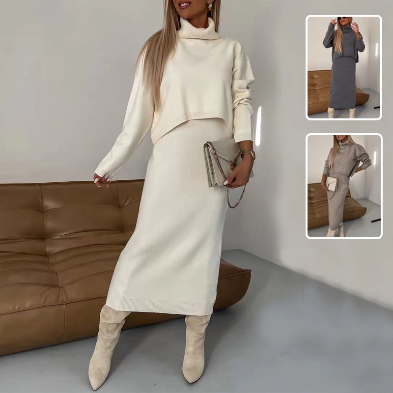 Ensemble hivernal élégant en deux pièces un pull à col roulé avec une robe longue