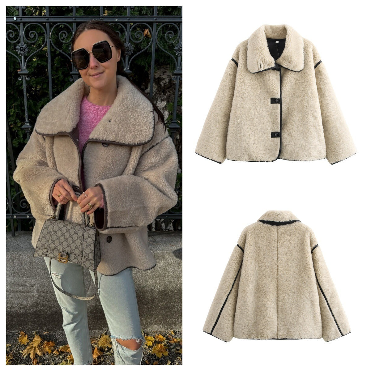 Manteau en peluche à col large avec manches longues et fourrure intégrée