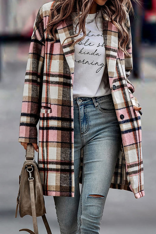 Manteau Long à Carreaux avec Poches pour Femme