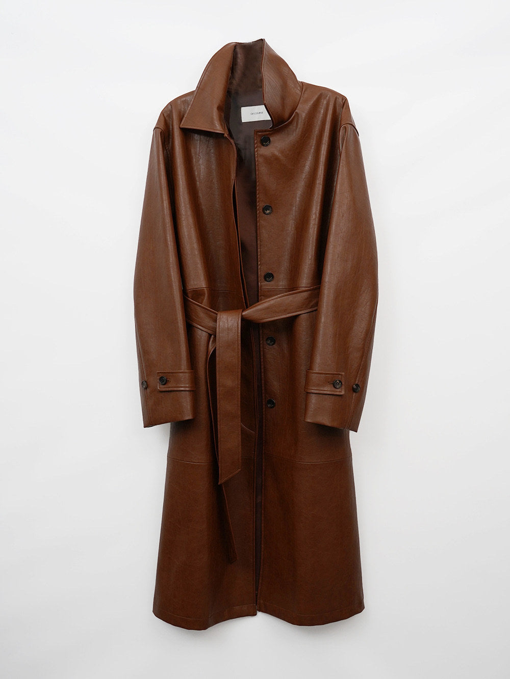 Manteau Trench Long à Simple Boutonnage en Cuir avec Ceinture à Taille et Col Revers