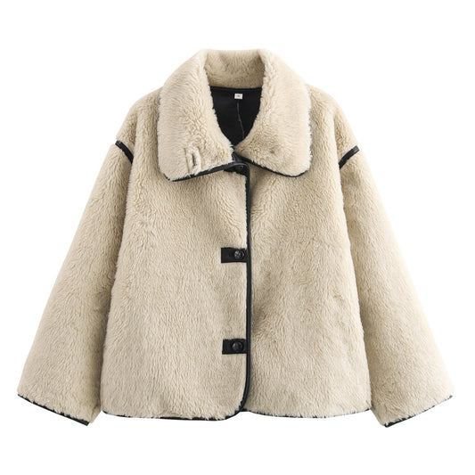 Manteau en peluche à col large avec manches longues et fourrure intégrée