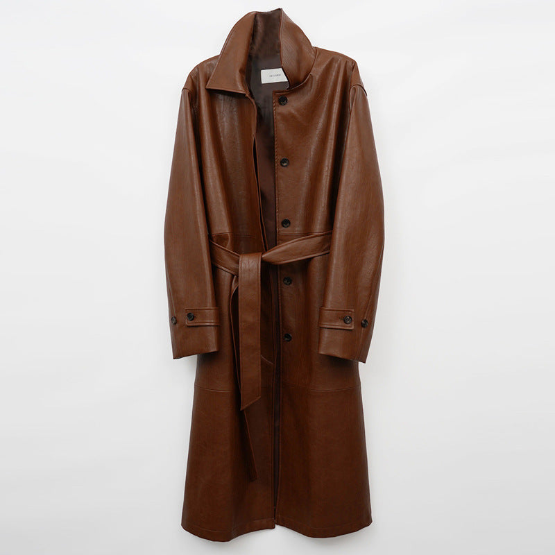 Manteau Trench Long à Simple Boutonnage en Cuir avec Ceinture à Taille et Col Revers