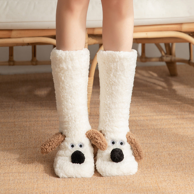 Chaussettes d'hiver chaudes en fausse fourrure avec design de chien cartoon